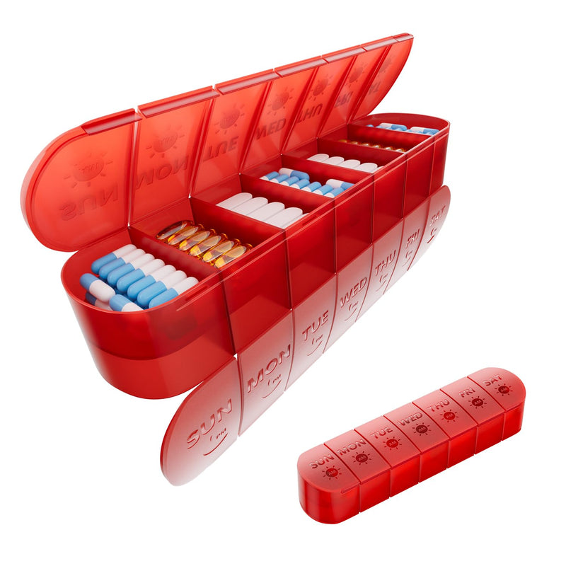 2 Layers Weekly Pill Organizer 2 Times a Day, Travel Medicine Pill Organizer, Pill Box Case 7 Day AM PM, Pill Container for Vitamins, Fish Oil, Supplements and Medication, Red
