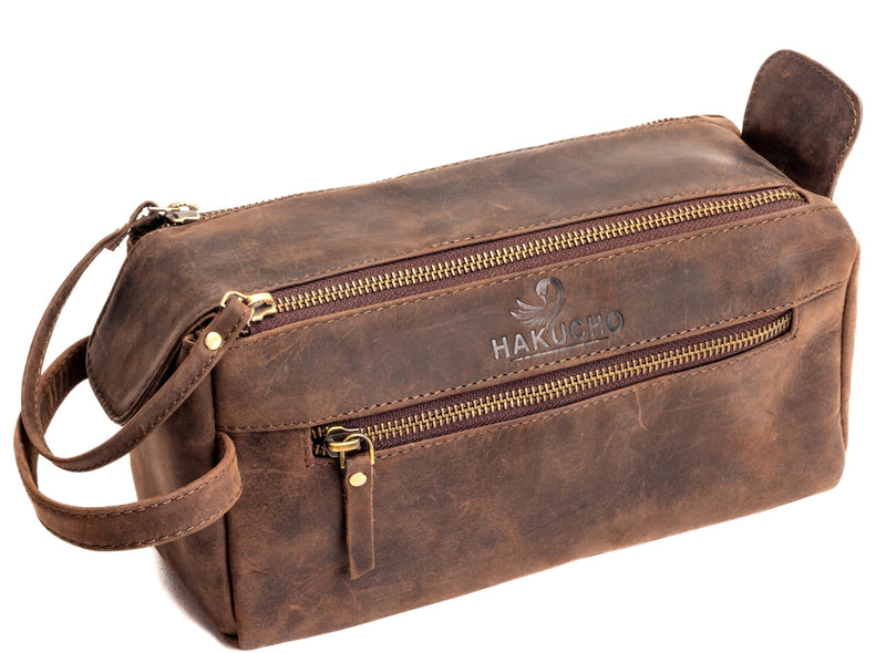 Full Grain Leather Toiletry Bag for Men & Women – Water-Resistant Travel Shaving Kit Organizer with YKK Zipper, Spacious Bathroom Grooming & Cosmetic Storage Case, Dark Brown 1
