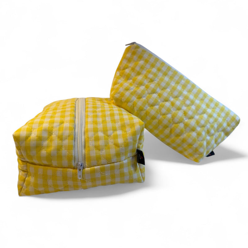 Set of 2 Handmade Quilted Cosmetic Bags – Yellow Gingham Cotton with Zipper, 7x8x3.5” and 9.5x4.5x2.5”