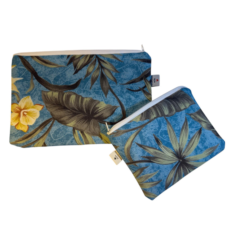 Tropical Print Cosmetic Pouch Set, 2-Piece, Canvas-Like Fabric, Blue with Palm Leaves