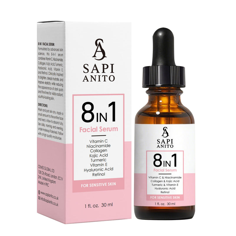 Sapi Anito 8-in-1 Sensitive Face Serum, Vitamin C, Niacinamide, Collagen, Kojic Acid, Turmeric, Vitamin E, Hyaluronic Acid & Retinol, Lightweight Hydrating Serum for Sensitive Skin, 1 fl oz (30 ml)