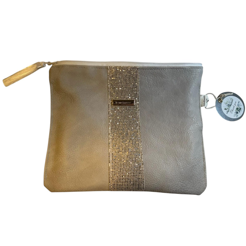 Handmade Gold & Beige Eco-Leather Cosmetic Bag | Quilted Accent with Metallic Detail | Elegant Makeup Pouch 10×8×0.5 in