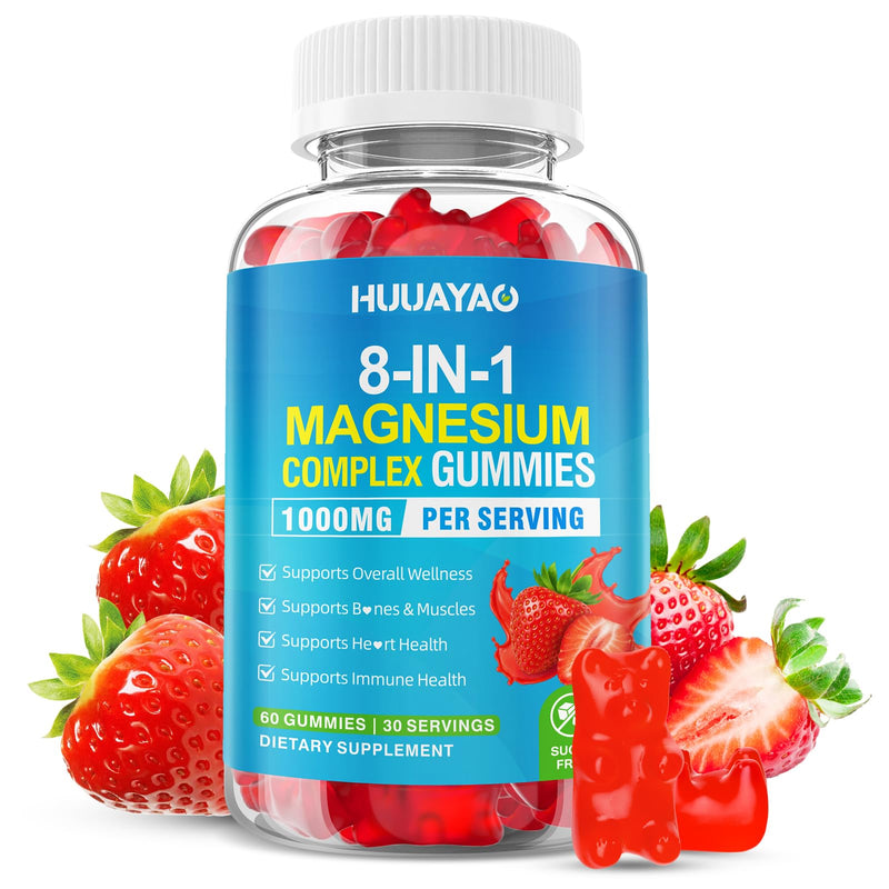 Magnesium Complex Gummies for Women Men 8 in 1, Magnesium Glycinate, Citrate, Malate, Taurate, Supports Bones, Muscle, Nerve Health, Sugar-Free, Vegan Non-GMO, Strawberry Flavor, 60 Count 60 Count (Pack of 1)