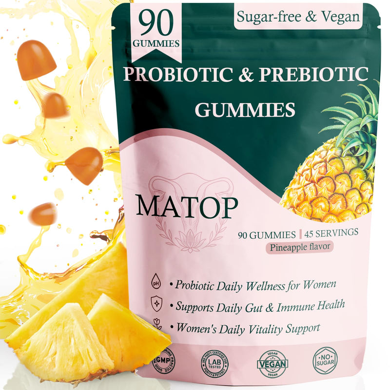 MATOP Probiotic Prebiotic pH Balance Gummies - Vaginal Health Gummies for Women Pro + Prebiotic with Pineapple Flavor, Vegan, Sugar-Free – 90 Gummies (45 Servings) 90 Count (Pack of 1)