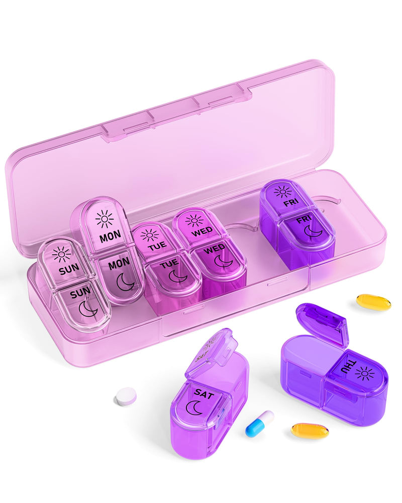 Pillex Pill Organizer, Am & Pm Pill Organizer 7 Days, Weekly Pill Case 2 Times a Day, Cute Pill Box 7 Day, Medicine Organizer for Travel, Vitamins, Fish Oils, Supplements (Gradient Pink-Purple) Gradient Pink-purple
