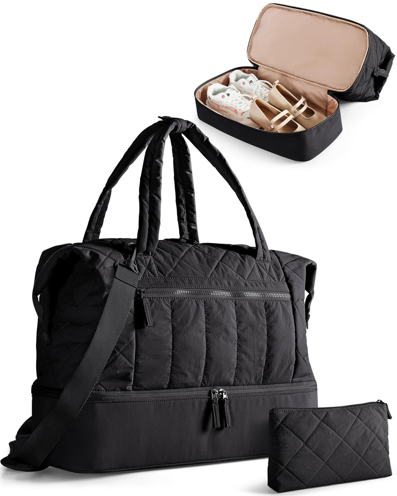Smasrob Quilted Duffle Bag with Shoe Compartment, Wet Pocket, Laptop Pocket | Weekender Duffel Bag With a Separate Pouch for Travel, Gym, Hospital Labor Delivery Black
