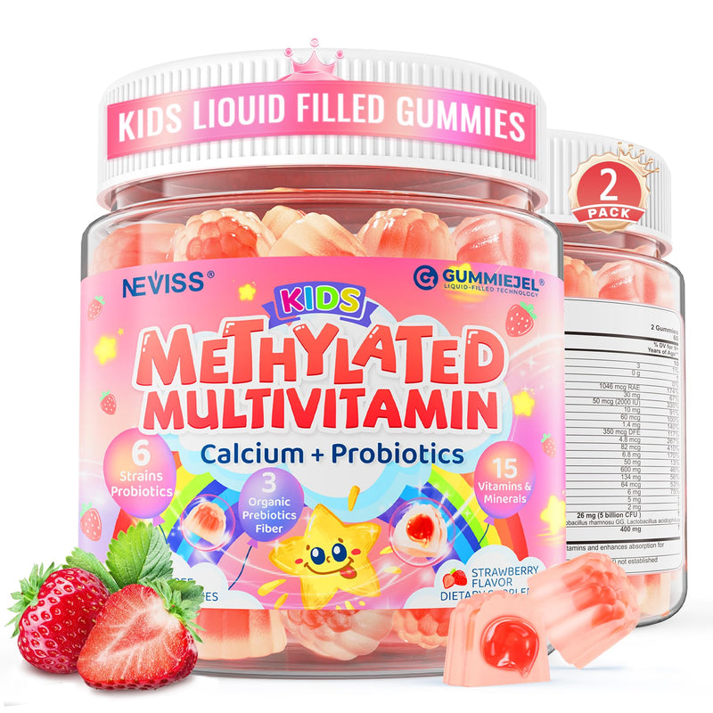 Vitamins for Kids 4+, Methylated Multivitamin Gummies w/Calcium, Probiotics | Methylfolate, Methyl B12, B6, Vitamin A, D3 K2, C, E, Zinc, Magnesium for Immunity, Bone, Growth, Energy, Sugar Free, 120 Cts 60 Count (Pack of 2)