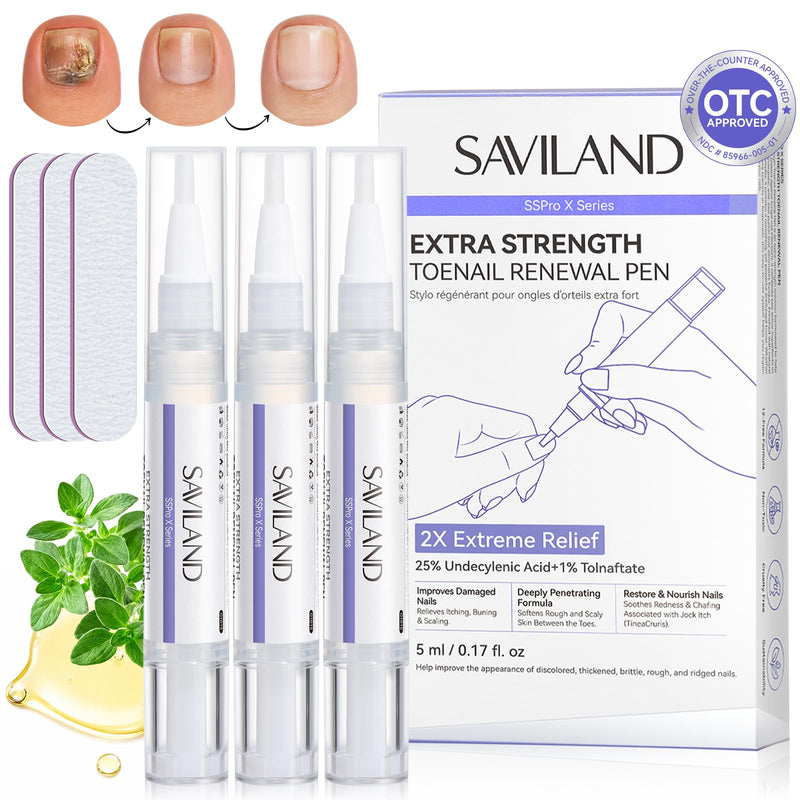 SAVILAND Toenail Fungus Treatment Pen 25% Undecylenic Acid &1% Tolnaftate | FSA-HSA, Precision Pen, Dries Clear No Mess, Vitamin E & Tea Tree Oil, Thick Damaged Nail Repair, For Travel, Work & Daily 1 Count (Pack of 3)