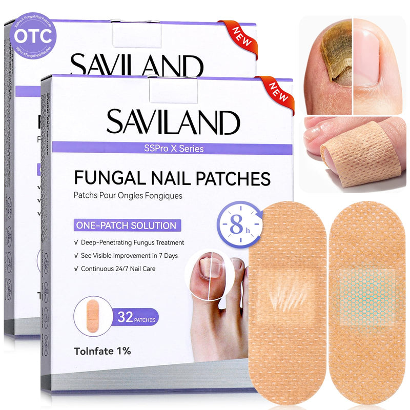 SAVILAND Fungal Nail Patches for Overnight 1% Tolnaftate Nail Repair 64Pcs | FSA-HSA, 8H Deep Overnight Repair, Reduces Yellow & Thick Nails, Breathable Materials Adhere Securely, Damaged Toenail Care 2 Pcs