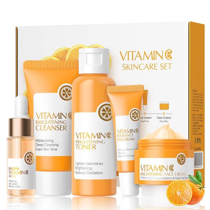 5PCS Vitamin C Skincare Set, Complete Face Care Kit with Cleanser, Toner, Serum, Eye Cream and Face Cream, Moisturizing Anti-Aging Skin