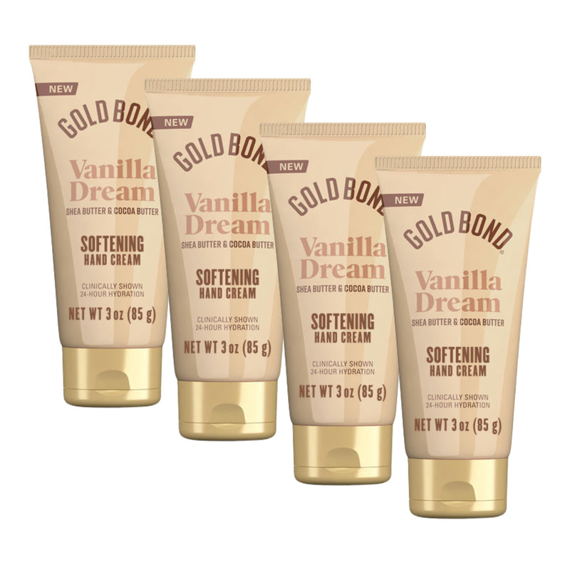 Gold Bond Vanilla Dream Softening Hand Cream Set, Luxurious Everyday Hand Cream with Shea Butter to Help Boost Skin Moisture and Cocoa Butter to Help Soften Skin, Warm Vanilla Dream Scent, 3 oz, 4 pk 3 Ounce (Pack of 4)