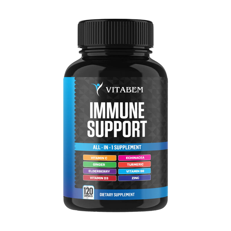 8 in 1 Immune Support Booster Supplement with Echinacea, Vitamin C and Zinc 50mg, Vitamin D 5000 IU, Turmeric Curcumin & Ginger, B6, Elderberry 120 Count (Pack of 1)