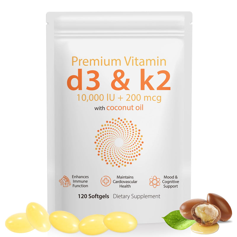 Daiasns Vitamin D3 K2 10000iu Supports Muscle & Brain Health -High-Potency D3 K2 Supplement Helps in Immune and Cardiovascular Support - 120 Softgels 120 Count (Pack of 1)