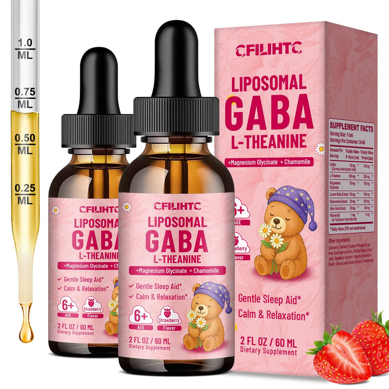 2 Pack Liposomal GABA L-Theanine Drops for Kids - Liquid GABA Supplement with Magnesium, Chamomile, Lemon Balm & Vitamin B6 - Support Relaxation, Focus & Stress Relief for Kids & Adults - Strawberry 2 Fl Oz (Pack of 2)