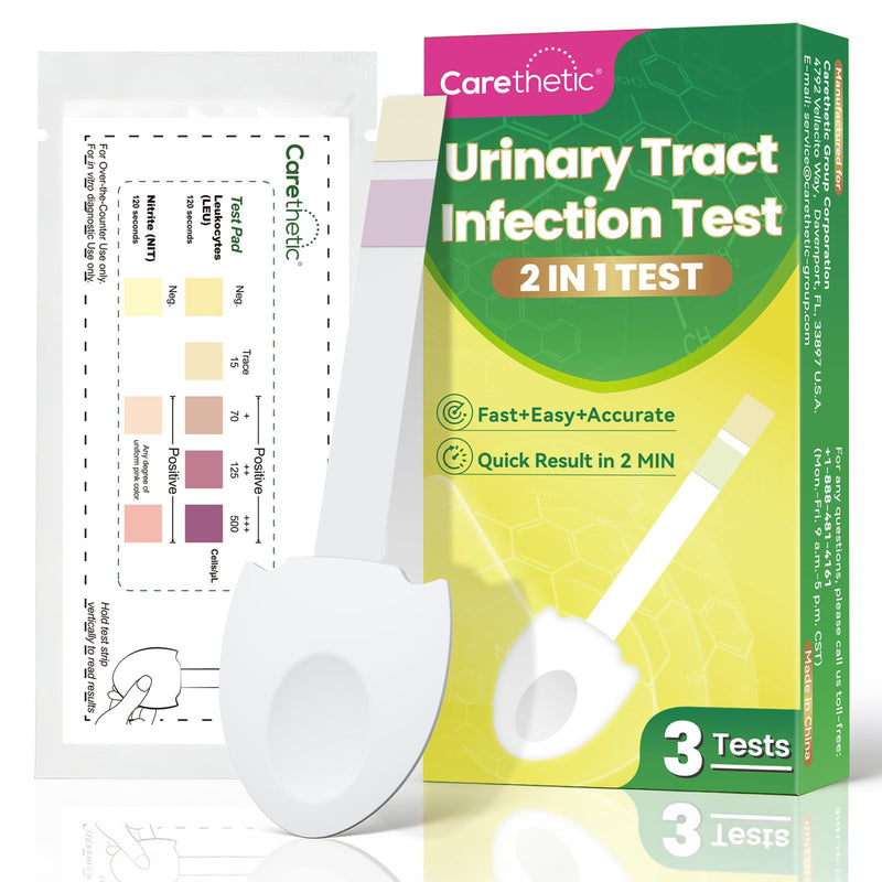 Carethetic UTI Test Strips for Women & Men - Home Urine Test Kit for Urinary Tract Infection Detection (Leukocytes & Nitrites), Broad Handle for Hygienic Use - 3 Count