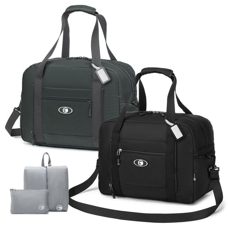 40x30x20 cm Travel Bag Foldable,Lightweight Gym Bags for Women Men,16x12x8 inch Personal Item Bag for Airlines, 25L Waterproof Travel Duffel Bags for Carry on Weekender Overnight Hospital 2pcs Black+Gray