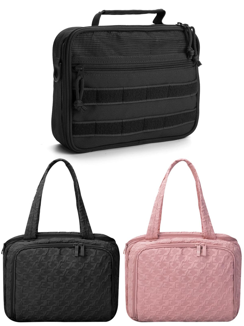 SMONT men's toiletry bag in black and women's toiletry bag in black and pink.
