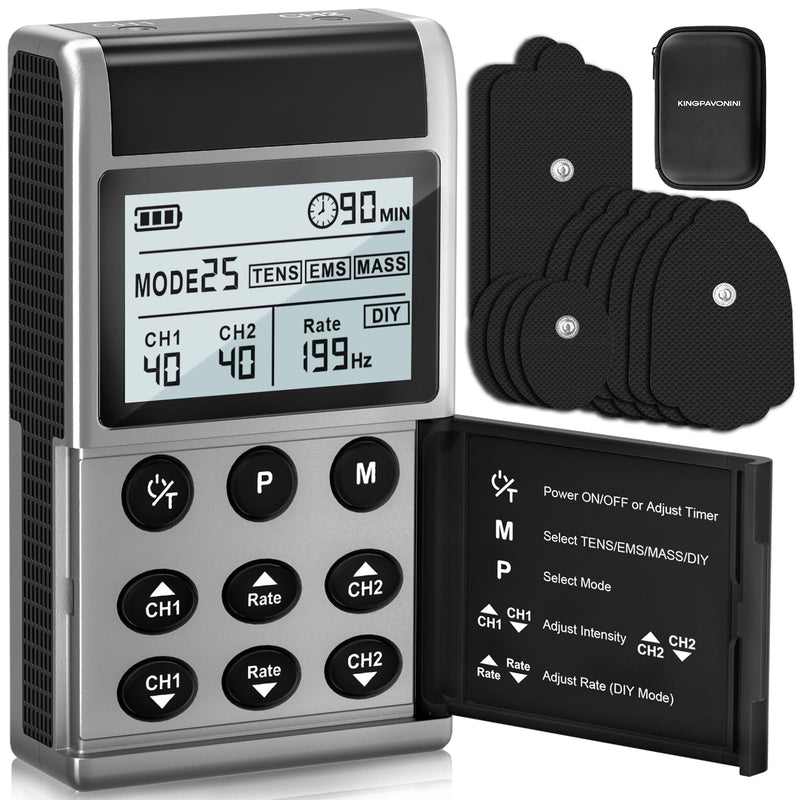 TENS Unit Muscle Stimulator, Rate DIY 1-199Hz, Model B2501 | A/B Channel TENS Machine, 40 Intensities for Back Sciatica Pain Relief, Storage Case, 12 Pads, Home Travel Gift for Dad Mom Grey