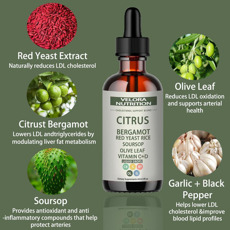 [Australia] - Red Yeast Rice Drops - Cholesterol Support Blend with Citrus, Bergamot, Red Yeast Rice, Soursop, Olive Leaf, Vitamin B+C, Natural, Non-GMO, Vegan, Dietary Supplement, 2 fl. oz. (60ml) 