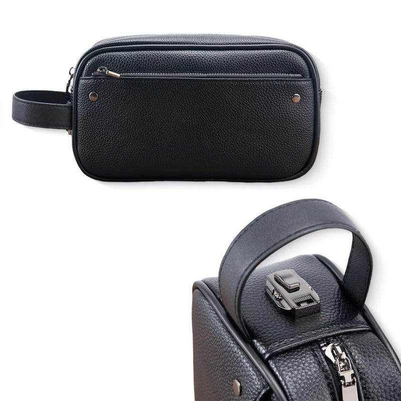 Toiletry Bag Anti Theft Lock PU Leather Clutch Bag for Travel | Ideal Gift Choice, Compact Carry Size, Holds Daily Essentials, Wrist Strap, Front Zipper Pocket, Reinforced Metal Hardware Black with Lock