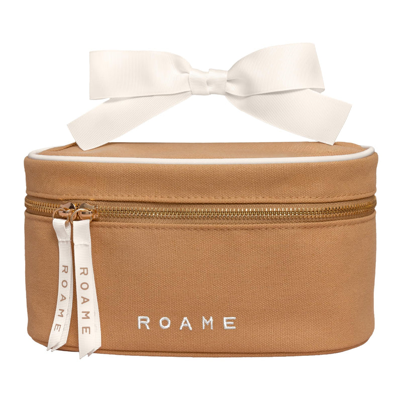 Everyday Vanity Makeup Bag, Canvas Case with Handle, White/Brown | Structured Wide-Opening Design, Smooth Zipper, Wipe-Clean Lining, Ivory Ribbon Details, for Cosmetics, Toiletries & Travel