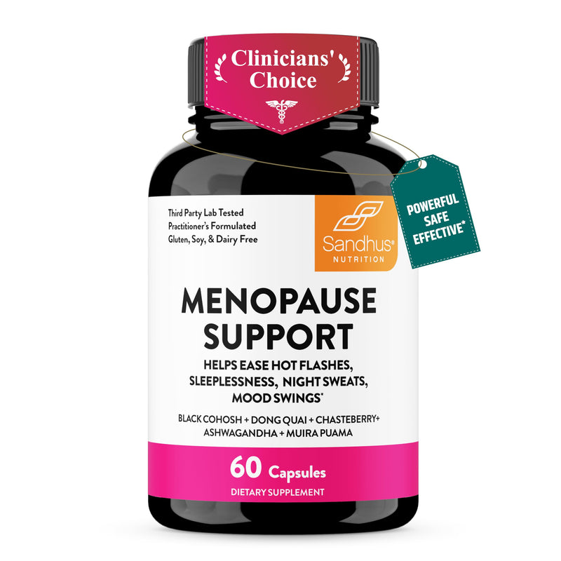 Menopause Support Supplements for Women, Black Cohosh Ashwagandha 60 Count | Vitamins D3, B6, B12, Magnesium, Dong Quai, Chaste Tree Berry, Gluten-Free Capsules, Made In USA Supplement By Sandhu's #1 Menopause Support 60 Count (Pack of 1)