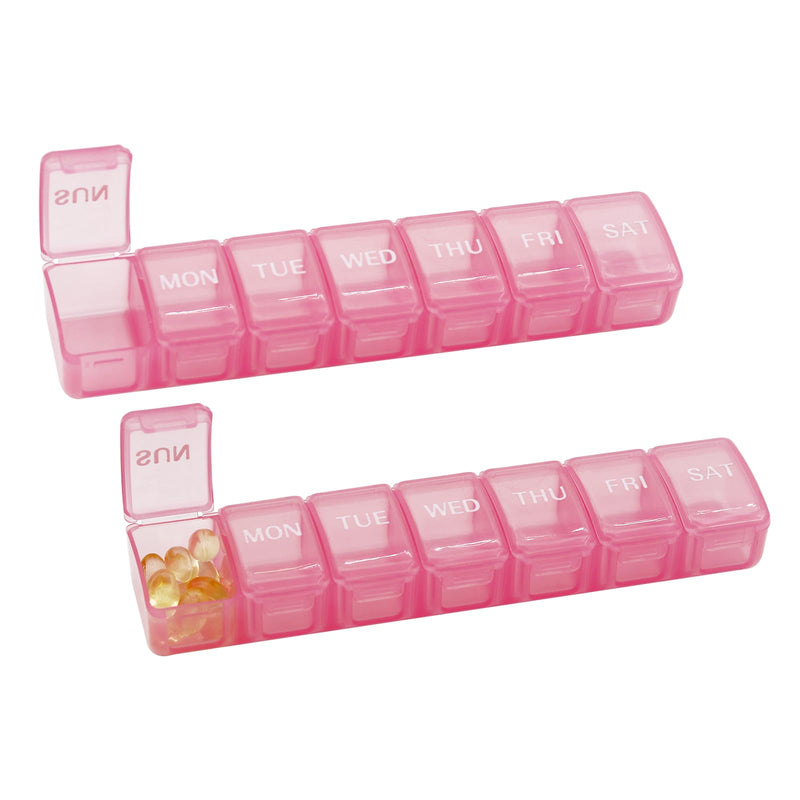 2 PCS Large Weekly Pill Organizer, 7 Day Daily Pill Box Case Easy to Open, Silkscreen Printed Medicine Container with Clear Lid for Vitamins, Fish Oils or Supplements (Pink) Pink