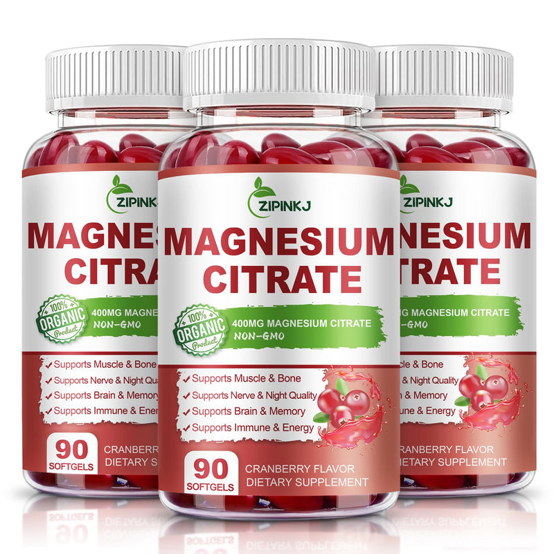Magnesium Citrate Supplements 400mg for Women & Men, 270 Count | Magnesium Citrate with Vitamin D3, B6 and Cranberry Extract High Absorption for Night Quality, Muscle & Bone, 135 Servings 90 Count (Pack of 3)