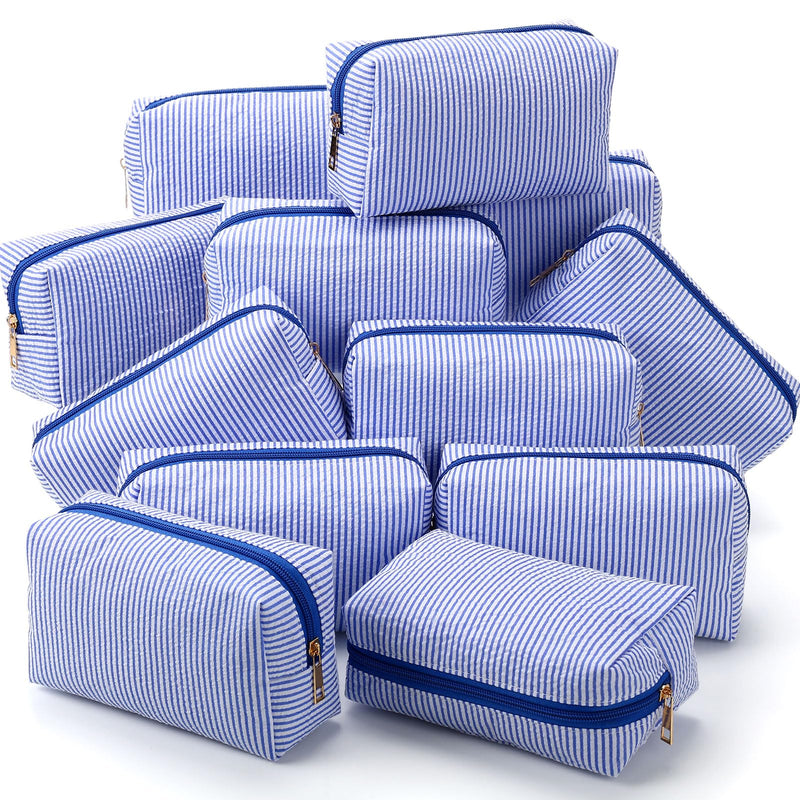 Sanwuta 12 Pcs Seersucker Cosmetic Bags Bulk, Striped Zippered,Blue | Makeup Bags Women Pouch, Large Preppy Storage Toiletry Travel Pouch for Wedding Bridesmaid Bride Favor Back to Teacher Gift Blue 1