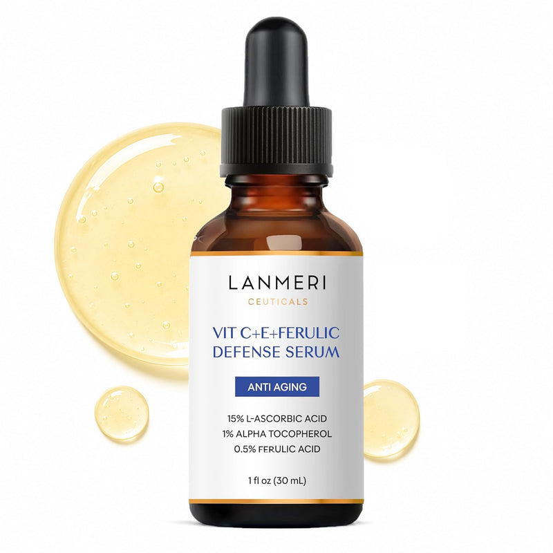 Lanmeri Ceuticals 15% Vitamin C + E + Ferulic Serum: Advanced Antioxidant Defense Formula with 1% Vitamin E & 0.5% Ferulic Acid – High-Stability Vitamin C Serum (1 fl oz) 1-Pack C+E+Ferulic Serum