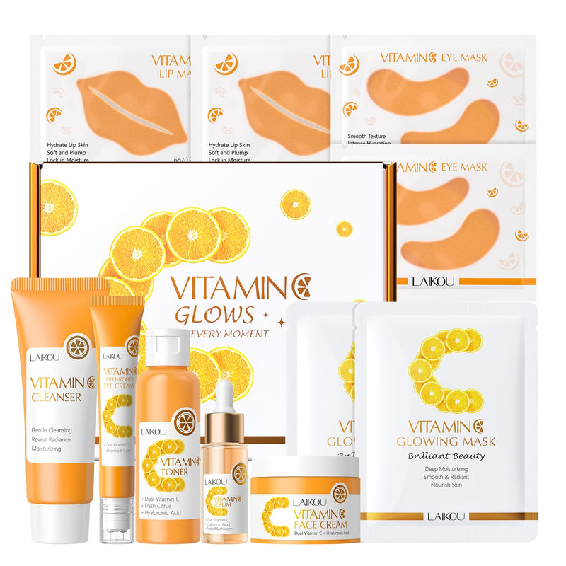 LAIKOU Skin Care, Vitamin C Skin Care Set, Facial Skin Care Products | Cleanser, Eye Cream, Toner, Serum, Face Cream, Lip Mask, Eye Mask, Glowing Mask for Women Birthday Mother's Day Christmas 11pcs