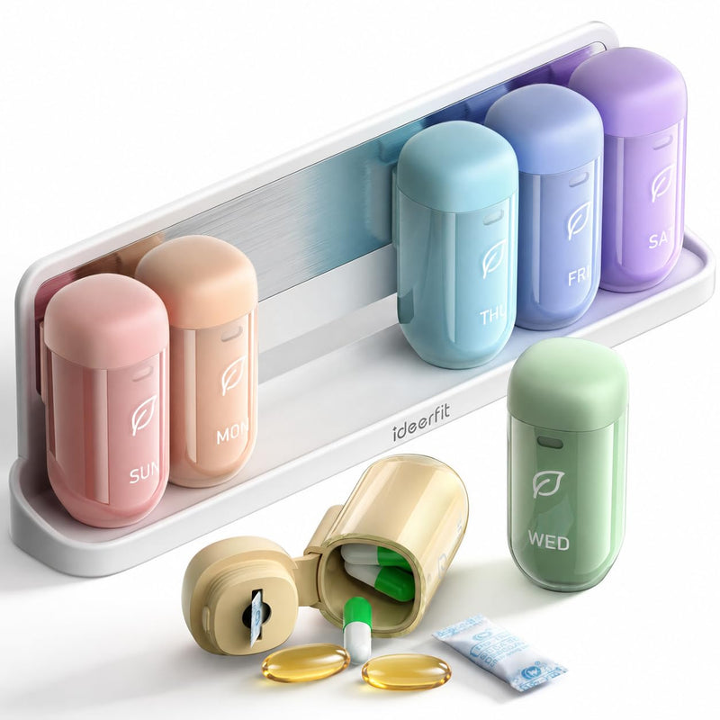 Weekly Magnetic Pill Organizer, 7 Day Once Daily, Removable Cases | Airtight Silicone Seals, Moisture-Proof, Contains 14 Desiccant Packs, Large Capacity for Vitamins and Supplements, Rainbow