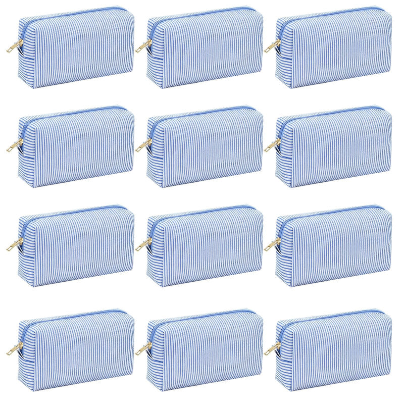 12 PACK Makeup Bags-Bulk Seersucker Cosmetic Bag for Women Bridesmaid Gifts Makeup Pouch for Wedding Party Favors Bachelorette Party Decorations Travel Toiletry Organizer Graduation Gifts(12, Blue) 12