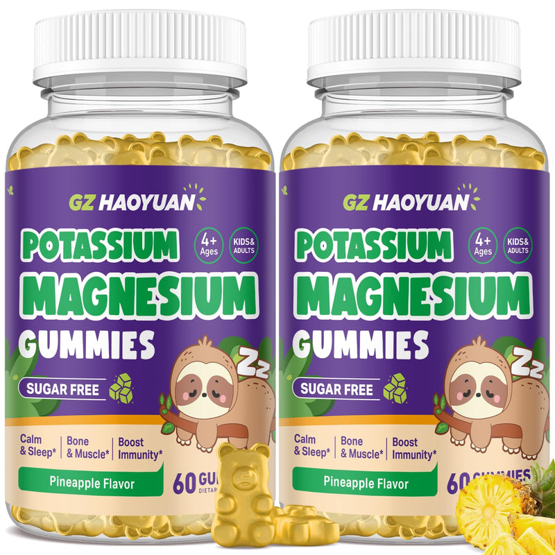 2 Pack Magnesium Glycinate Gummies for Kids - Magnesium Gummies with Vitamin D3, B6, Potassium & Ashwagandha for Kids & Adults Relaxation, Sleep, Brain & Bone Health -Sugar Free Pineapple Flavor 60 ct 60 Count (Pack of 2)