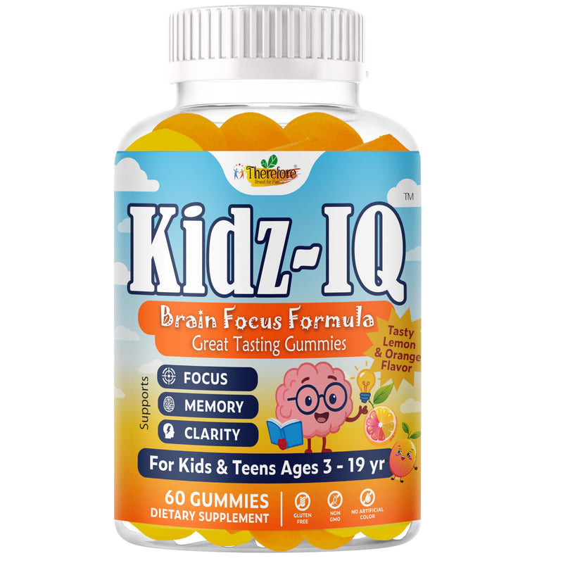 Kidz IQ Omega 3 for Kids, Focus Supplement for Kids, DHA Focus Gummies for Teens, Brain Supplements for Memory, Attention and Concentration Support, Orange Flavor, Non-GMO, Gluten-Free, 60 Gummies