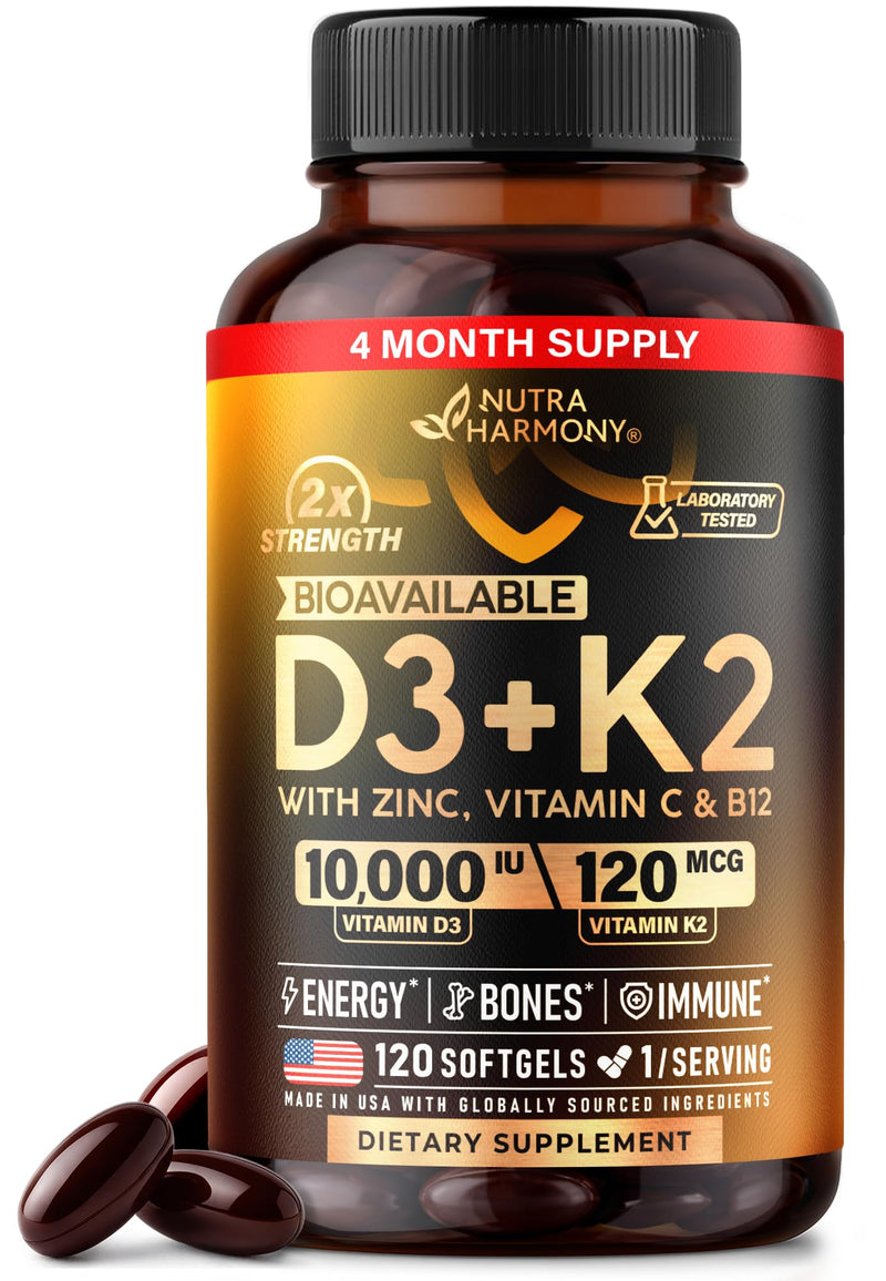 Vitamin D3 K2 - D3 10000iu & K2 120mcg - Highly Bioavailable - 120Softgels | Vitamin D3K2 + Zinc, Vitamin C & B12 - Immune & Mood Support, for Bone & Teeth Health For Men & Women - 120-Day Supply