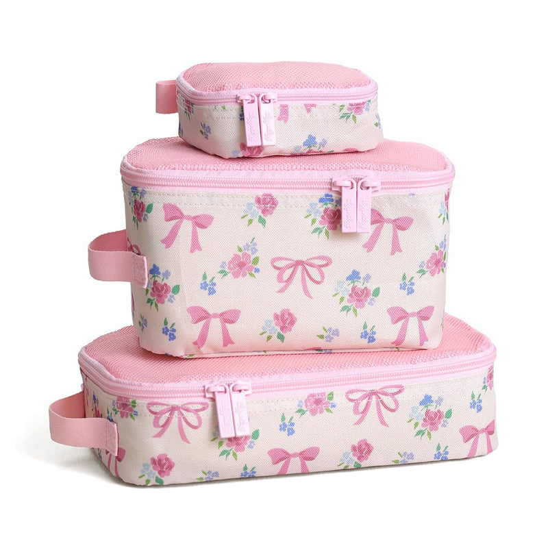 Itzy Ritzy Packing Cubes for Travel, Set of 3 Organizers (Ribbons & Roses) | Each Cube Features a Breathable Mesh Top, Smooth Double Zippers, and a Convenient Fabric Handle For Easy Packing and Carrying Ribbons & Roses
