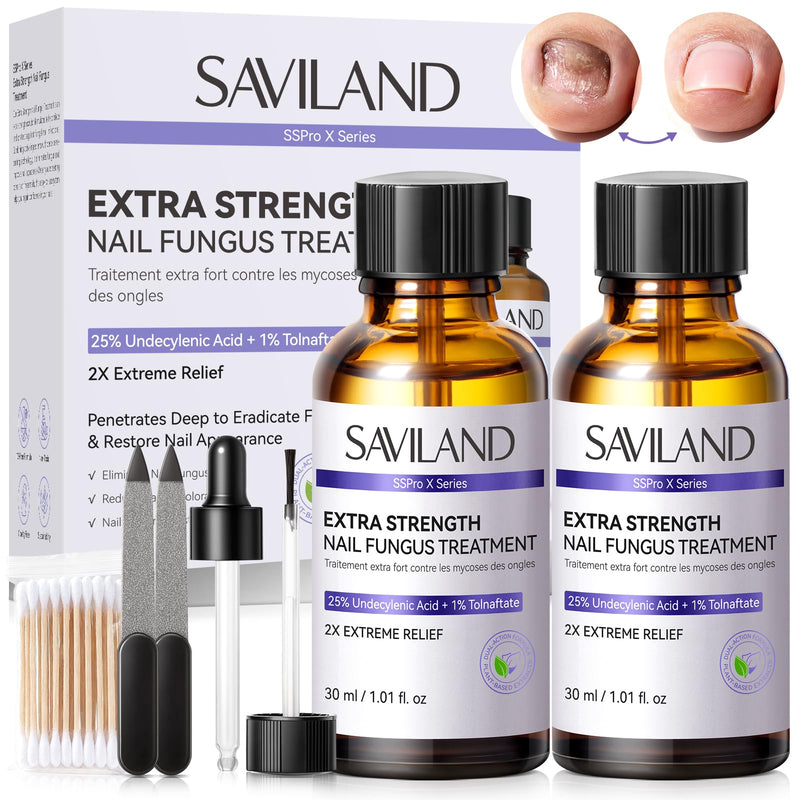 SAVILAND Toenail Fungus Treatment for Thick Discolored Damaged Nails 2oz | FSA-HSA, Max 25% Undecylenic Acid & 1% Tolnaftate, With Salicylic Acid & Vitamin E, Daily At-Home Use, Includes File & Swabs
