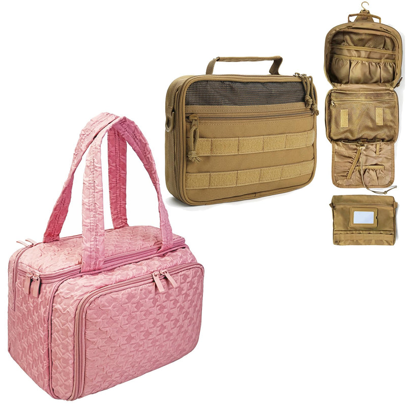 SMONT Tactical Toiletry Bag for Men Kahaki & Toiletry Bag for Traveling Women Pink