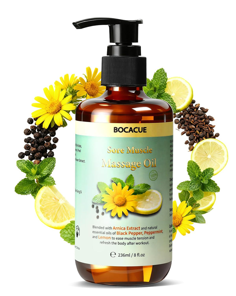 Sore Muscle Massage Oil for Massage Therapy, Arnica Oil for Muscle Relaxing & Lymphatic Drainage with Black Pepper, Peppermint & Grapeseed Oil, Essential Oils for Skin & Body Care, 8 fl oz