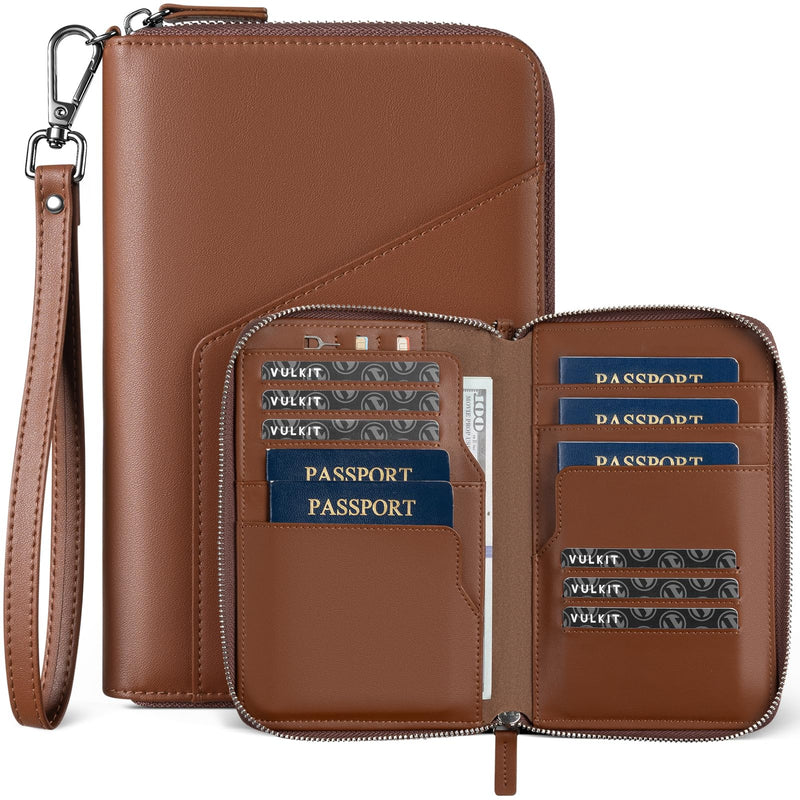 VULKIT Family Passport Holder for 4 Passports, RFID Blocking Travel Wallet | 6 Card Slots, 2 SIM Pockets, Secure Zipper Closure, Holds 4 Passports, Family Travel Essential Espresso Casual