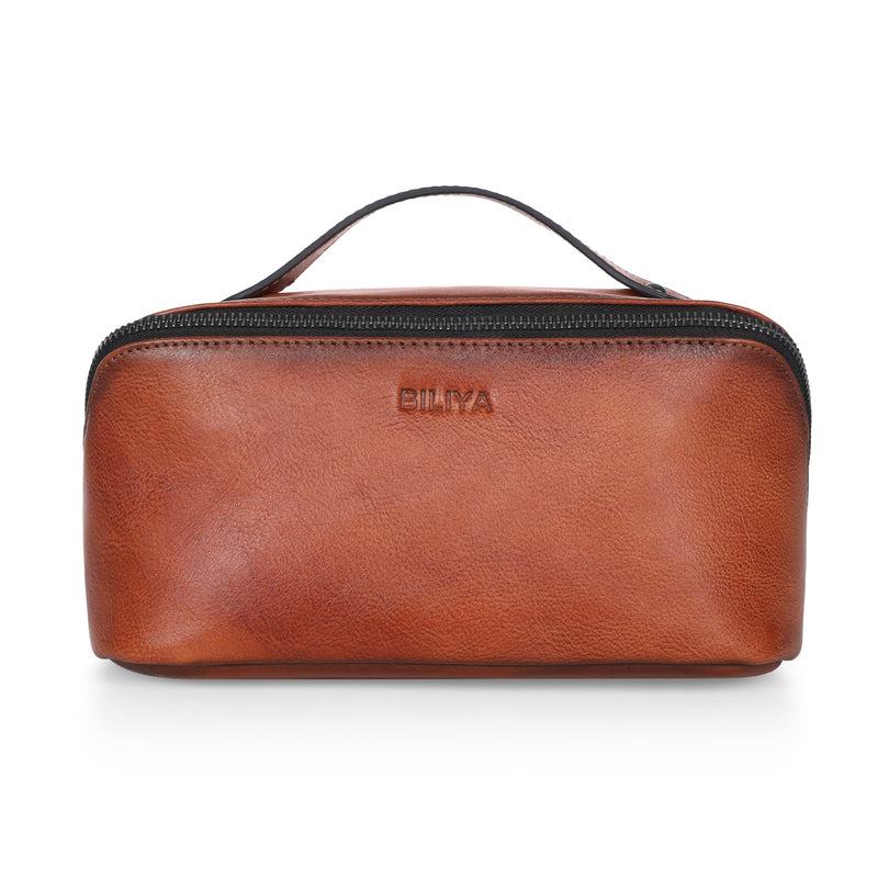 Hand Rubbed Genuine Leather Makeup Bag Vintage Brown Cowhide Cosmetic Case with Handle Handmade Travel Organizer for Women