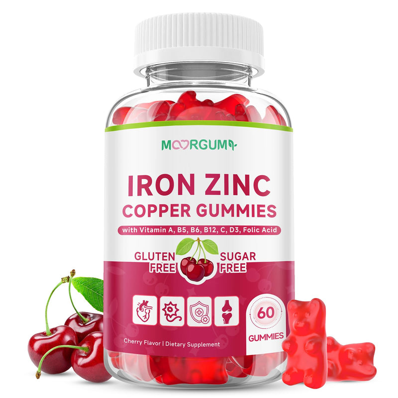 Iron, Zinc, Copper Supplements for Women & Men, Mineral Gummies with Vitamin A, B5, B6, C, D3, B12 for Adults & Kids, Promote Energy, Support Immunity, Bone Health, Sugar Free, Cherry Flavor, 60 Count 60 Count (Pack of 1)