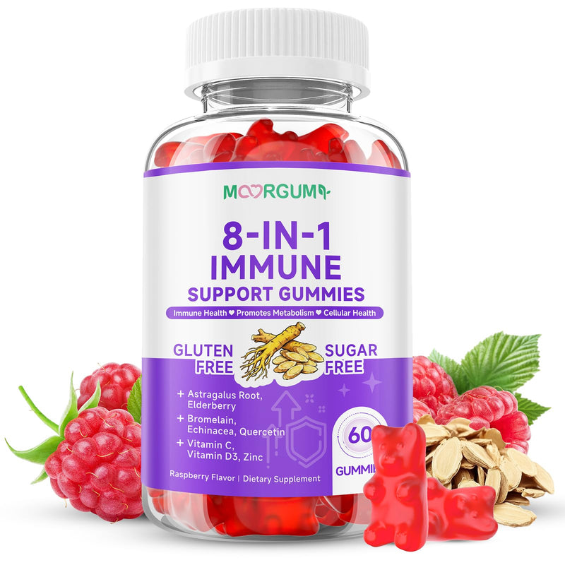 Immune Support Gummies – 8-in-1 Formula Herbal Supplements with Astragalus, Elderberry, Quercetin, Bromelain, Echinacea, Vitamin C, D3 and Zinc for Everyday Balance, Raspberry Flavor, 60 Count 60 Count (Pack of 1)