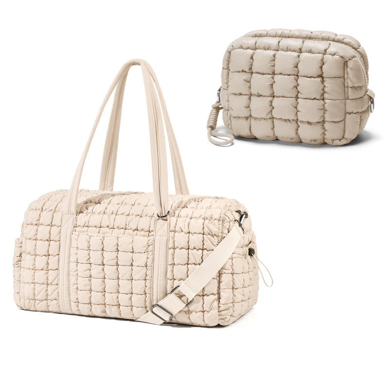 Quilted Travel Duffle Bag Puffer Weekender Bag & Quilted Makeup Bag Puffy Cosmetic Bag Cute for Women Girls