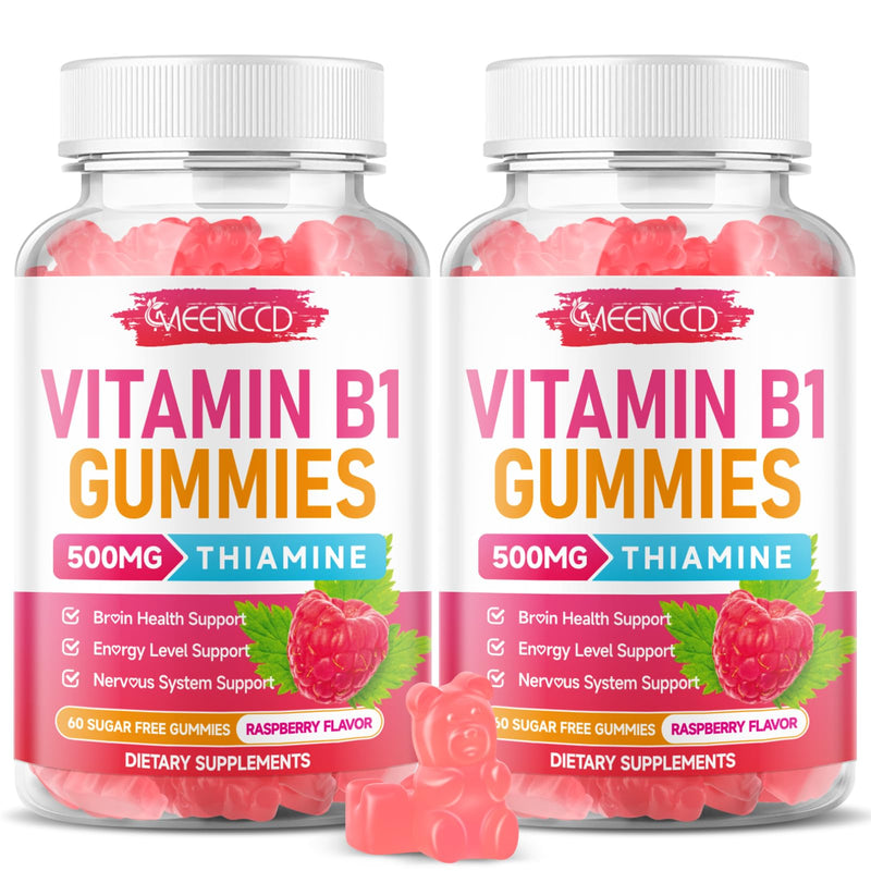 MEENCCD 2 Pack Vitamin B1 Gummies 500mg, Thiamine B1 Supplement Supports Energy Production, B1 Vitamin for Adults & Kids, Sugar-Free, Vegan, Raspberry Flavor, 120 Count 60 Count (Pack of 2)