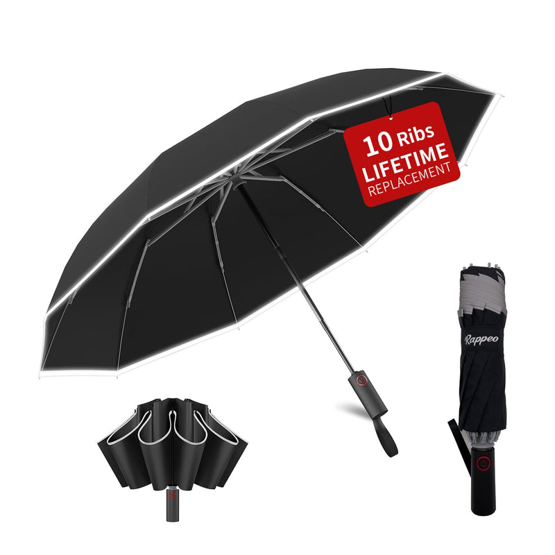 4-in-1 Inverted Travel Umbrella Compact, Automatic Large Umbrellas for Rain & Sun, Portable Windproof Umbrella for Backpack, Reverse Folding Umbrella for UV with Reflective Strips,Lightweight Black(2PACK) 46 IN