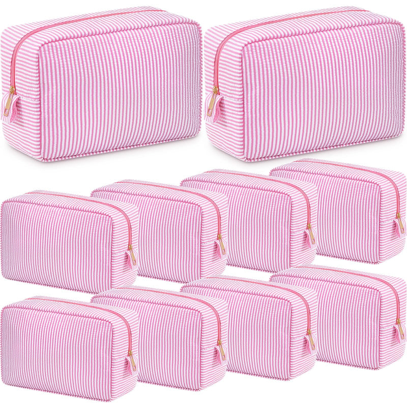 Sanwuta 10 Pcs Seersucker Cosmetic Bag Seersucker Makeup Bag Women Stripe Large Travel Toiletry Organizer Preppy Storage Pouch for Embroidery Wedding Bridesmaid Bride Mom (Pink) Pink