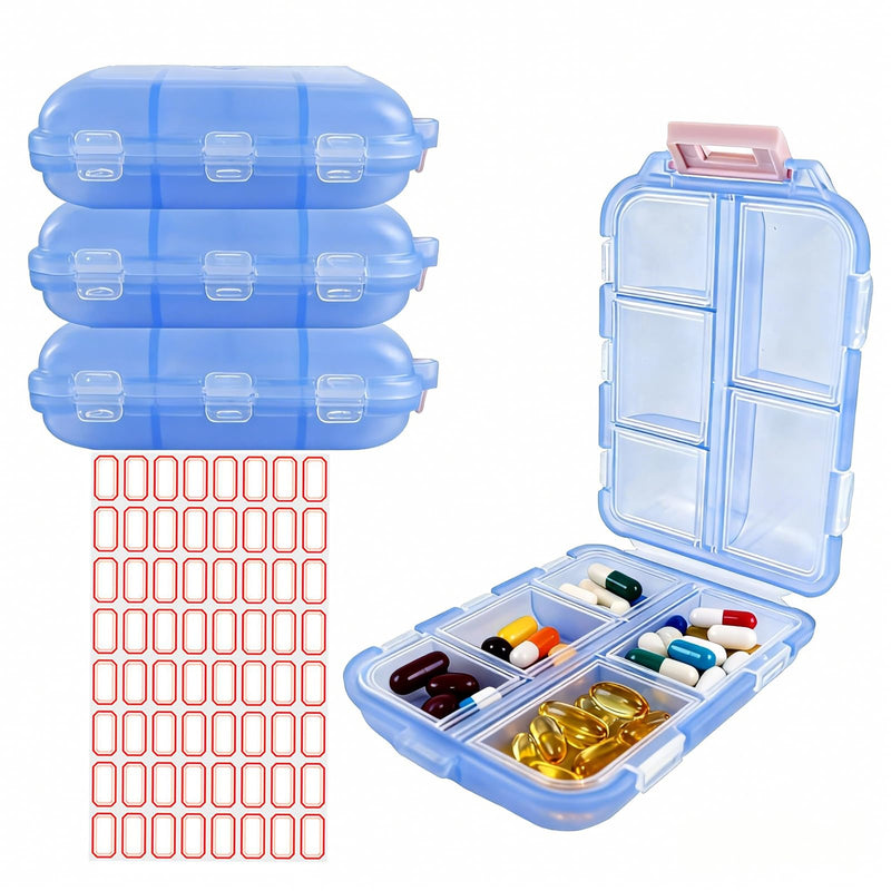 4Pack Travel Pill Organizer - 10 Compartments Pill Case with 64 Stickers, Pill Organizer 2 Times A Day, 20 Days Portable Compartments for Vitamins, Fish Oils, Supplements(Blue) Blue 4PC