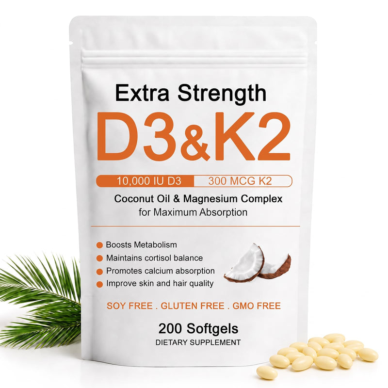 D3 K2 Magnesium Supplement, D3 K2 Vitamin 10000 IU Softgels, Promote Calcium Absorption, Cortisol Balance, Boost Metabolism, Extra Strength Triple Magnesium & Coconut Oil, 200 Softgels (1) (1) 1